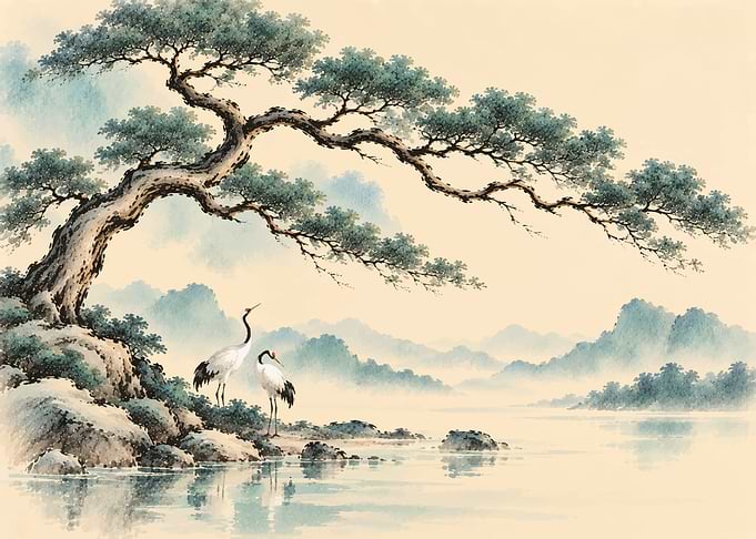 Traditional Chinese Landscape with Cranes