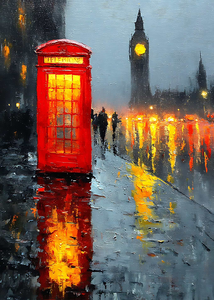 Rainy London Street with Telephone Box