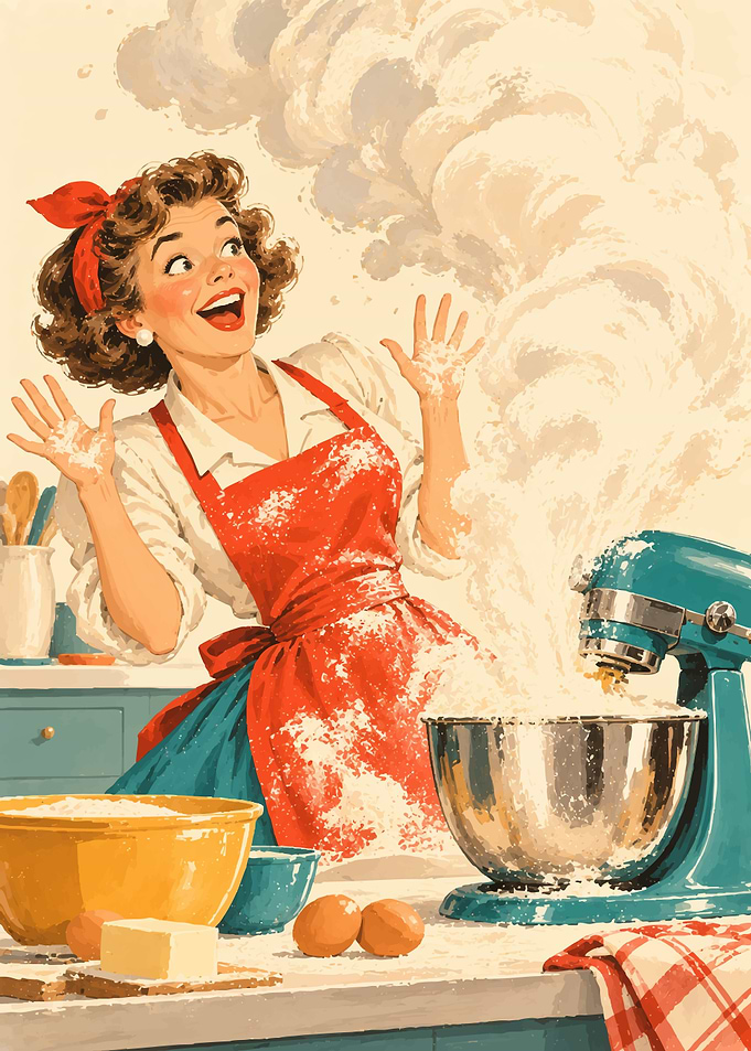 Retro Housewife Baking Flour Explosion