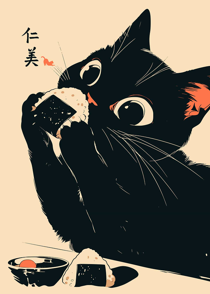 Funny Black Cat Eating Sushi Japanese