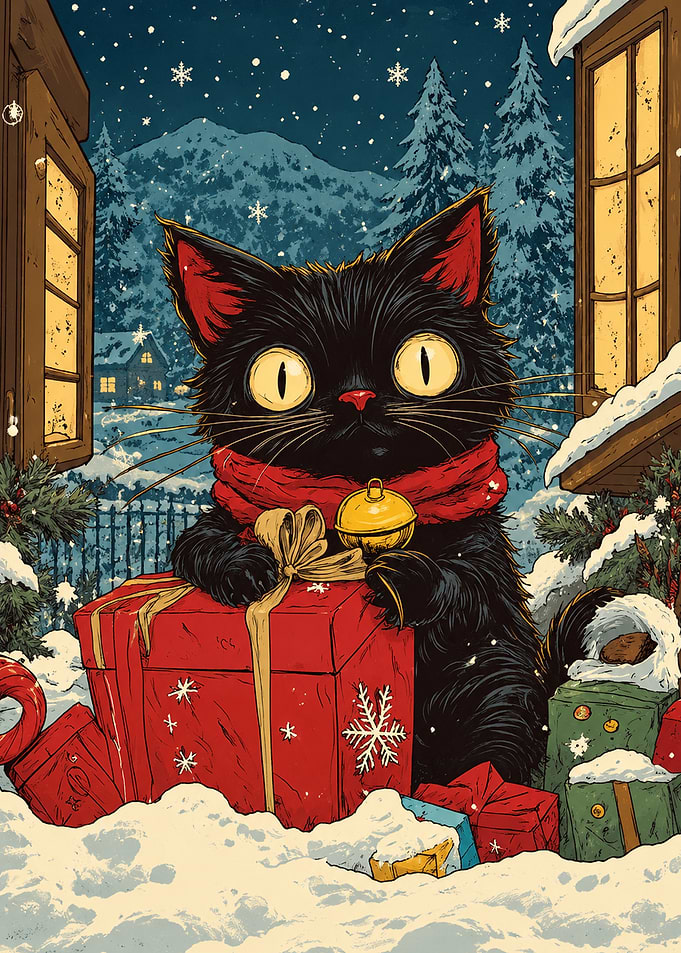 Black Cat with Christmas Gifts