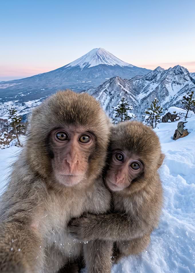 Snow Monkeys Taking a Selfie