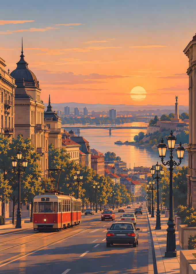 Sunset Cityscape with Tram and River
