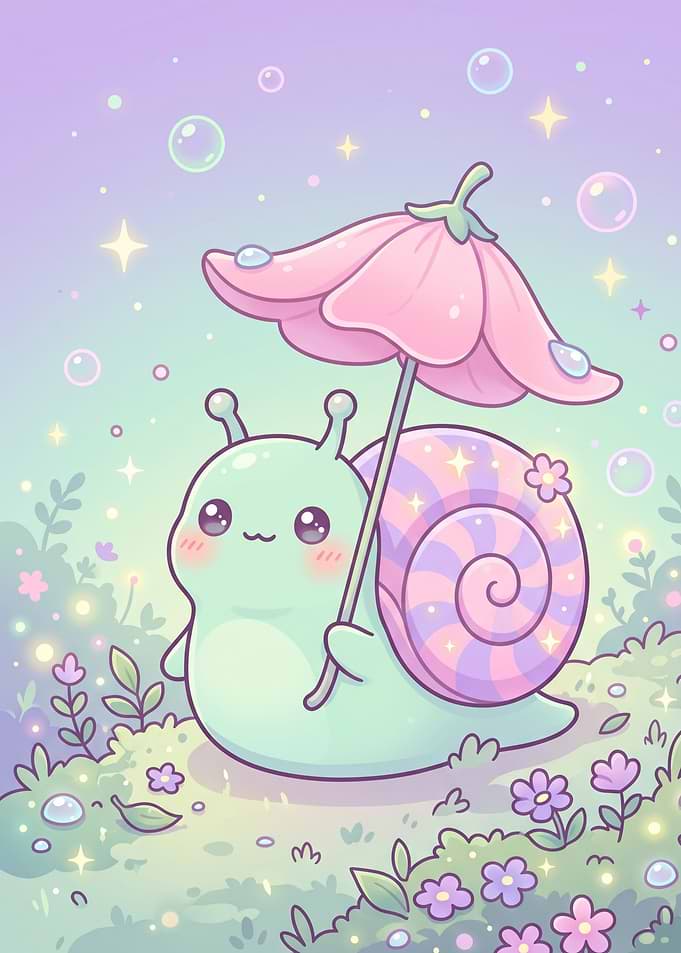 Cute Kawaii Snail with Flower Umbrella