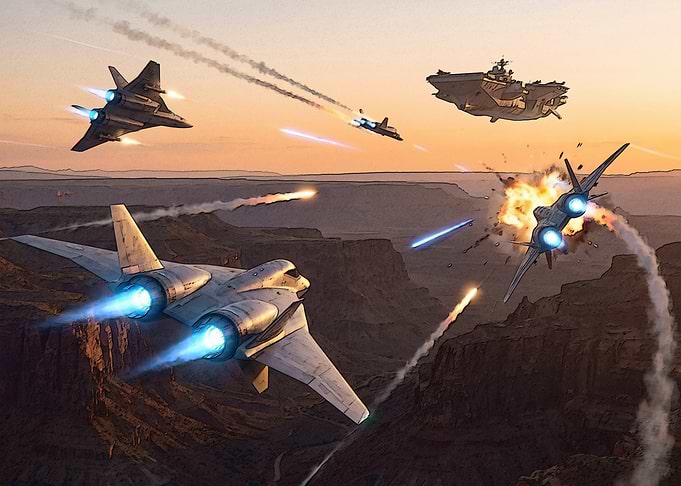 Futuristic Aerial Dogfight Over Canyon