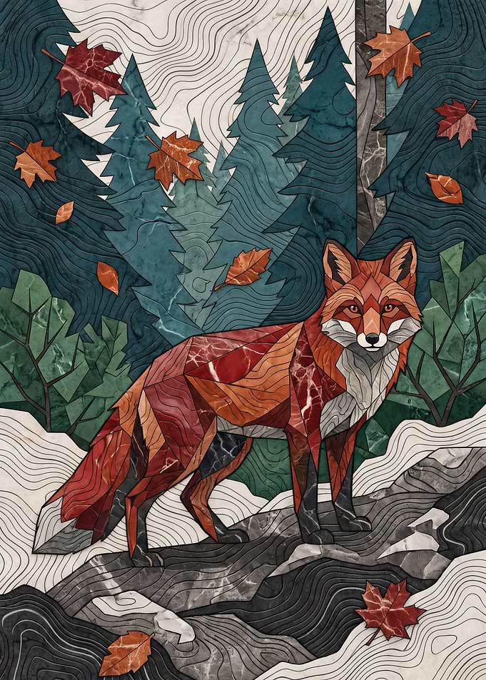 Geometric Stained Glass Fox in Forest