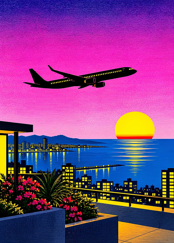Synthwave Airplane Sunset Cityscape