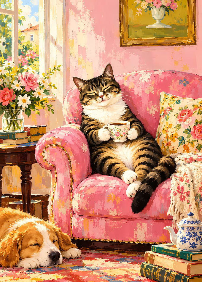 Cozy Cat Drinking Tea in Armchair