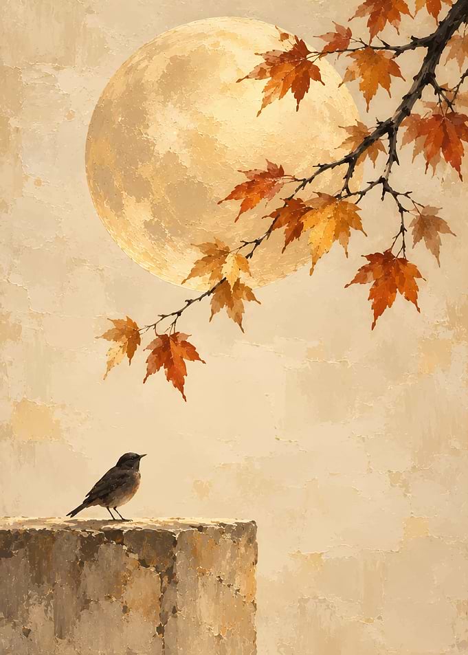 Bird Perched Under Autumn Moon