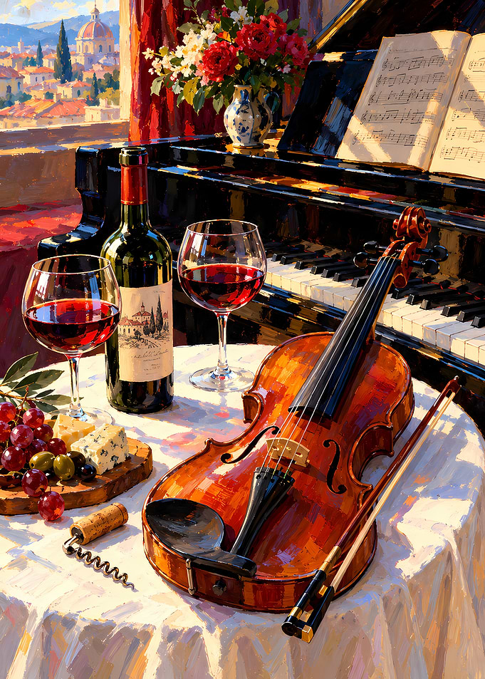 Violin and Wine by the Piano