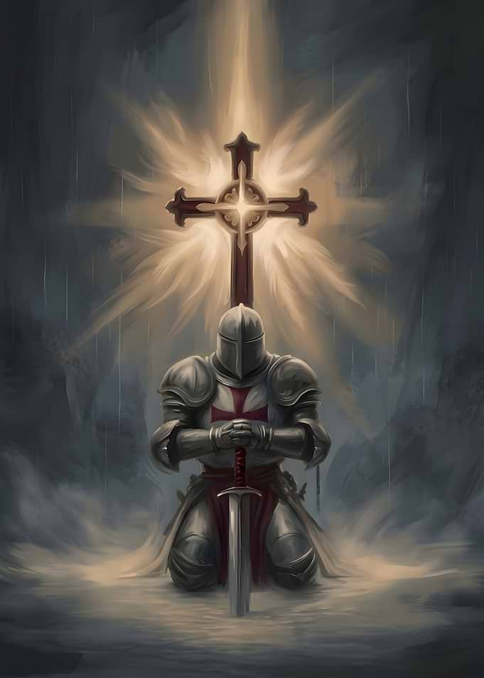 Knight Kneeling Before Radiant Cross