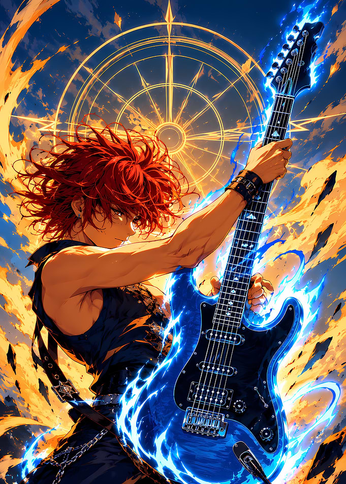 Anime Guitarist with Blue Flame Aura