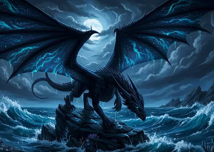 Majestic Black Dragon Over Stormy Sea