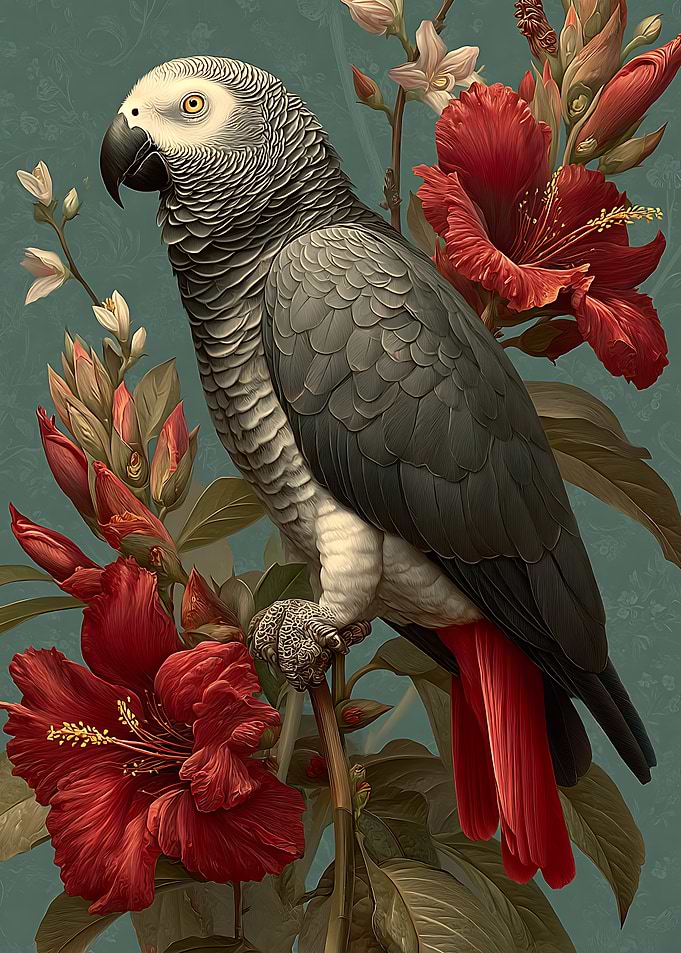 African Grey Parrot with Hibiscus
