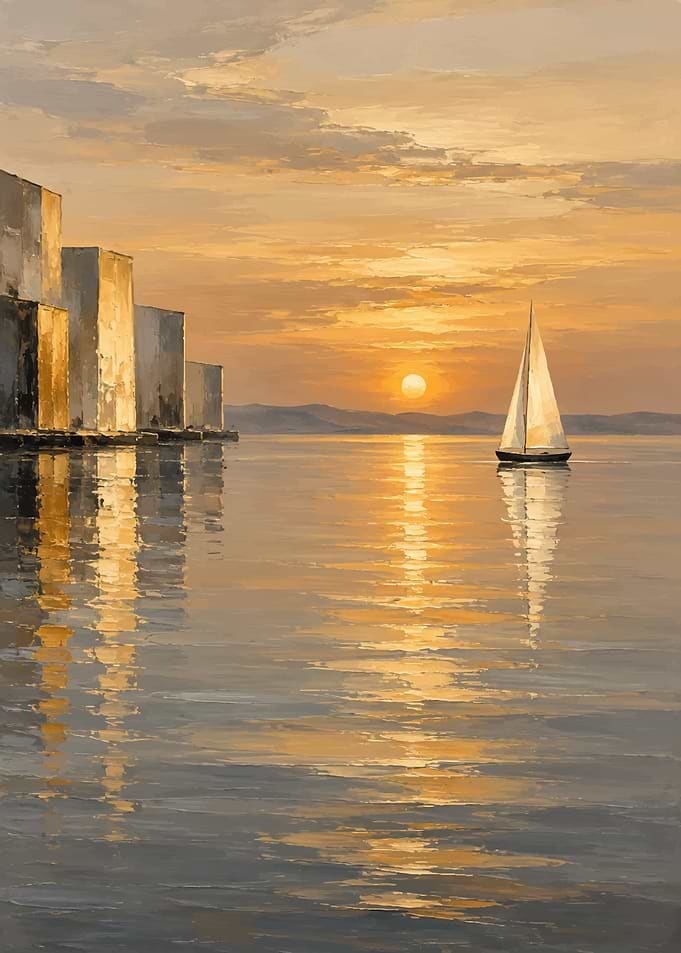 Sailboat at Sunset Near Coastal Buildings