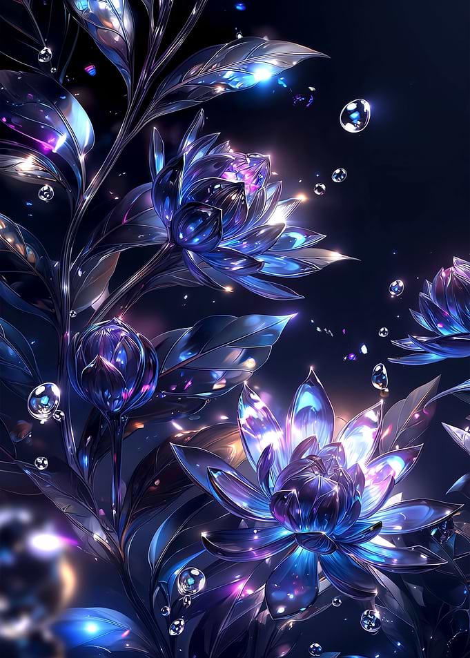 Crystal Lotus Flowers - Luminous Blue Fantasy Art