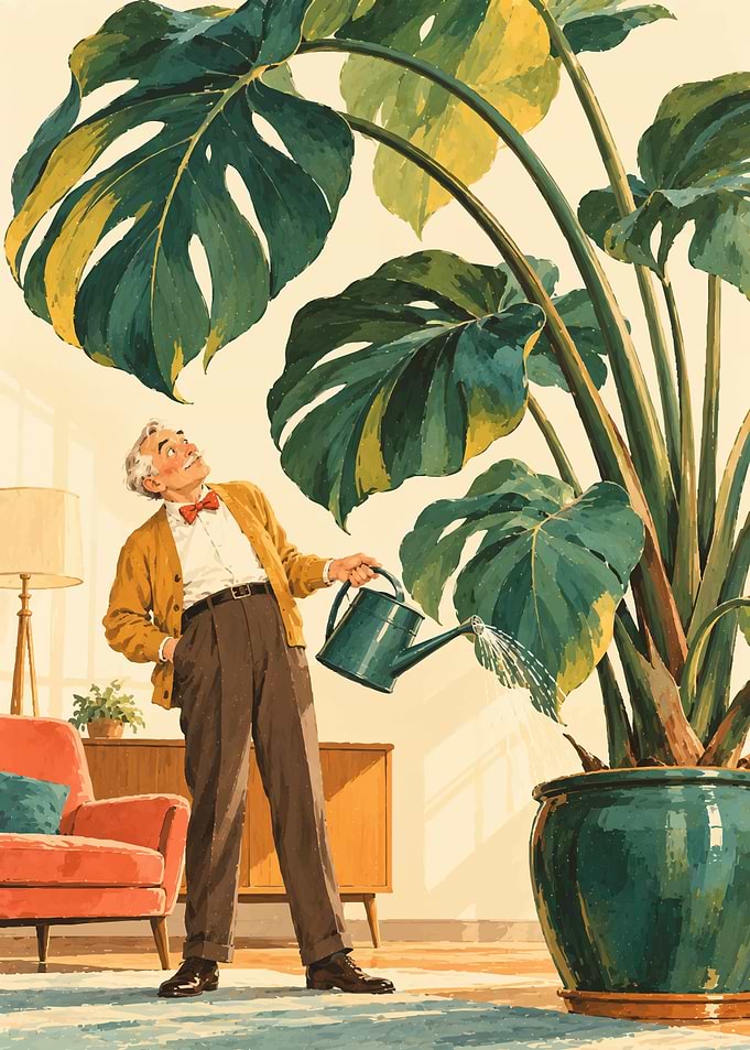 Elderly Man Watering Giant Monstera Plant