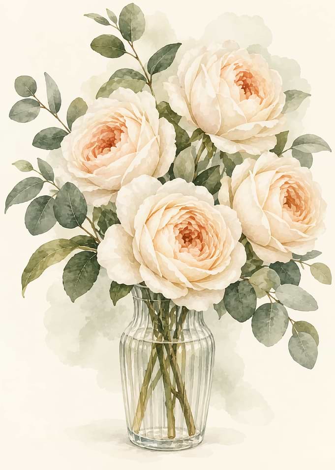 Watercolor Bouquet of Cream Roses