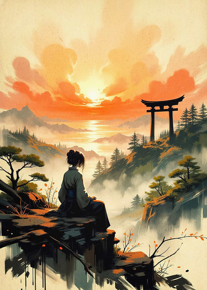 Samurai Sunset Vibe Retro Art Poste