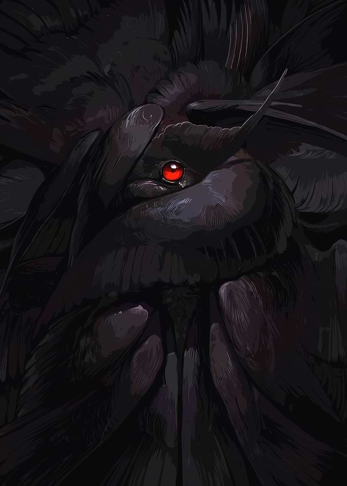 Dark Moth with Glowing Red Eye