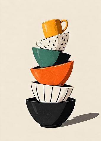 Stacked Colorful Ceramic Bowls and Mug