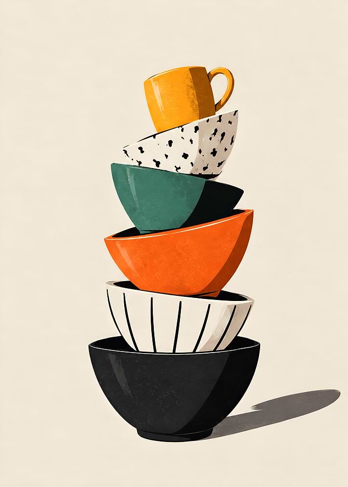 Stacked Colorful Ceramic Bowls and Mug