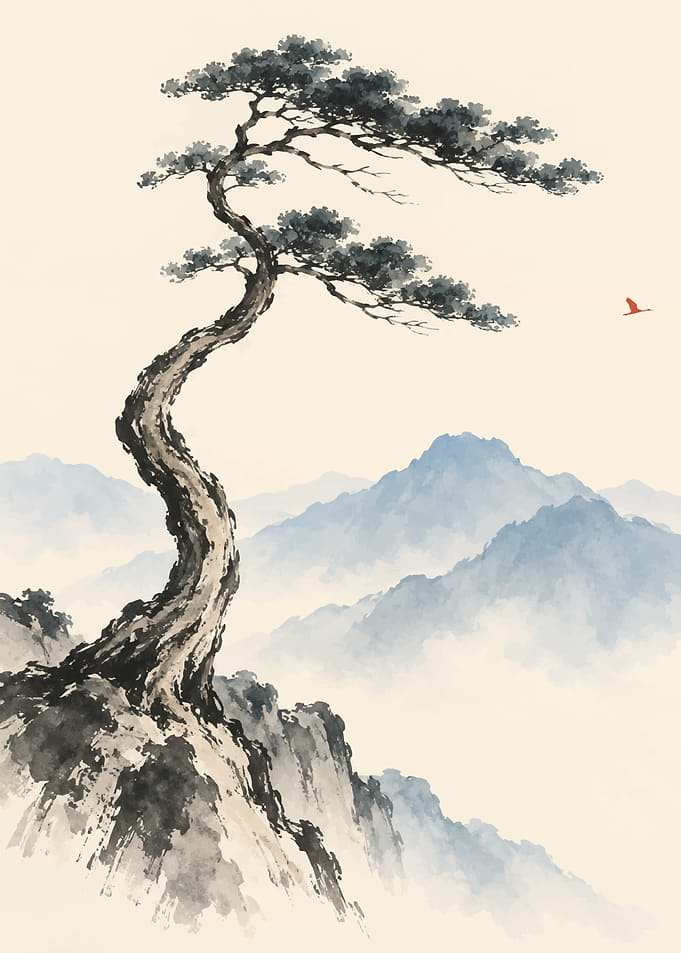Traditional Ink Wash Pine Tree Landscape
