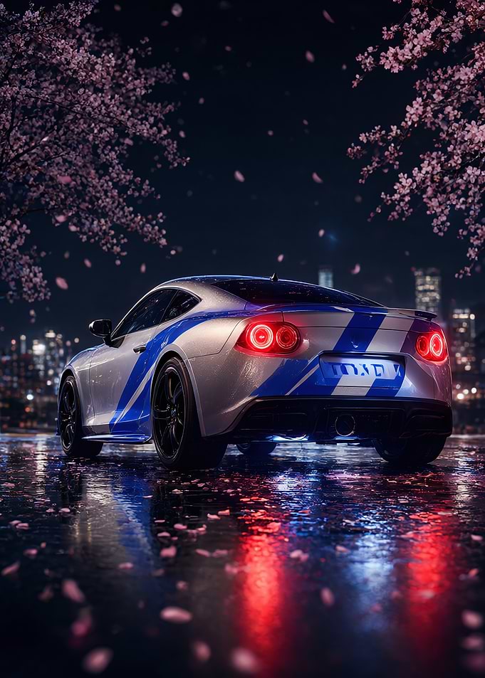 Sports Car Under Cherry Blossoms