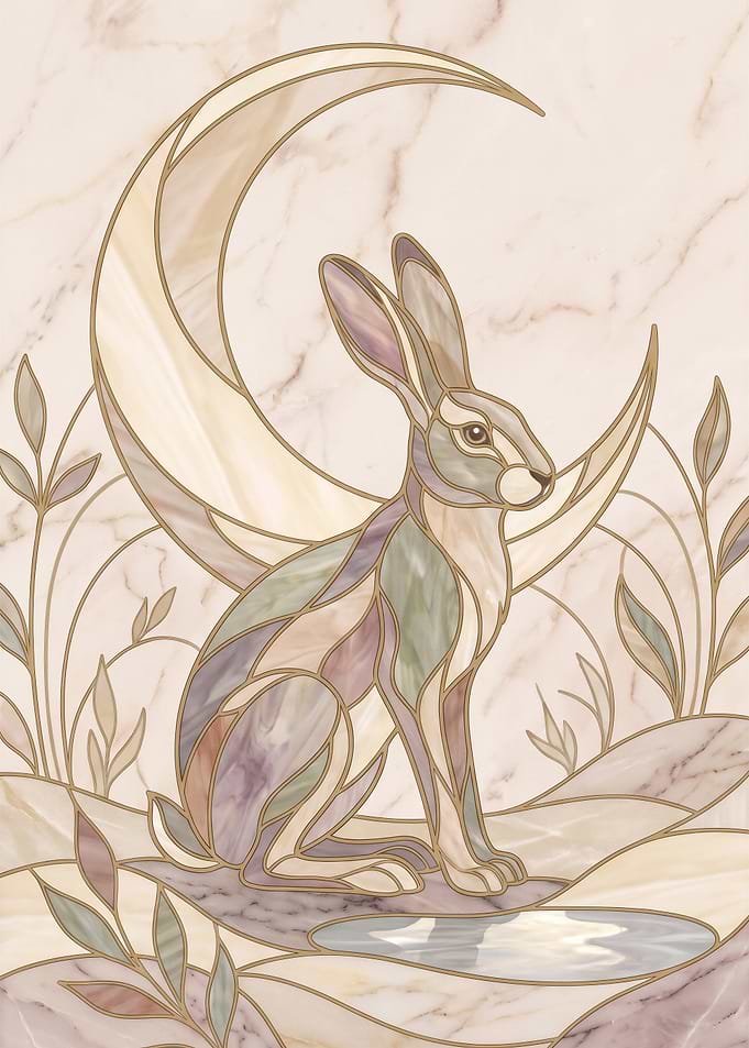Stained Glass Hare and Moon Art