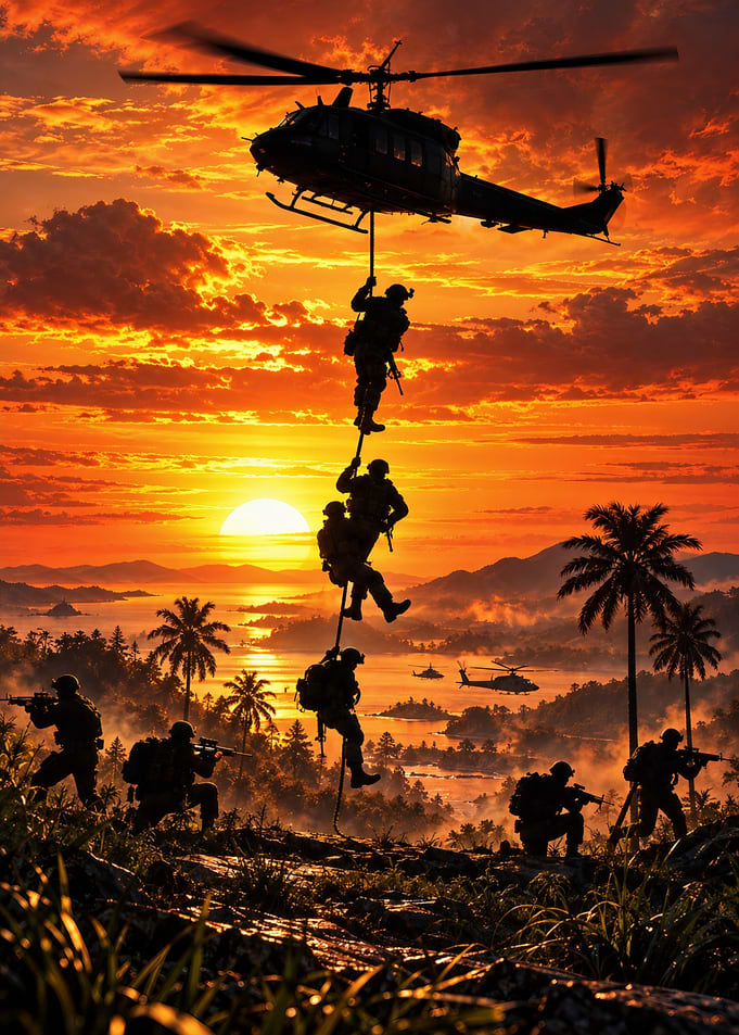 Military Helicopter Extraction at Sunset
