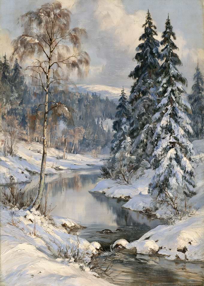 Winter Landscape with Stream and Trees