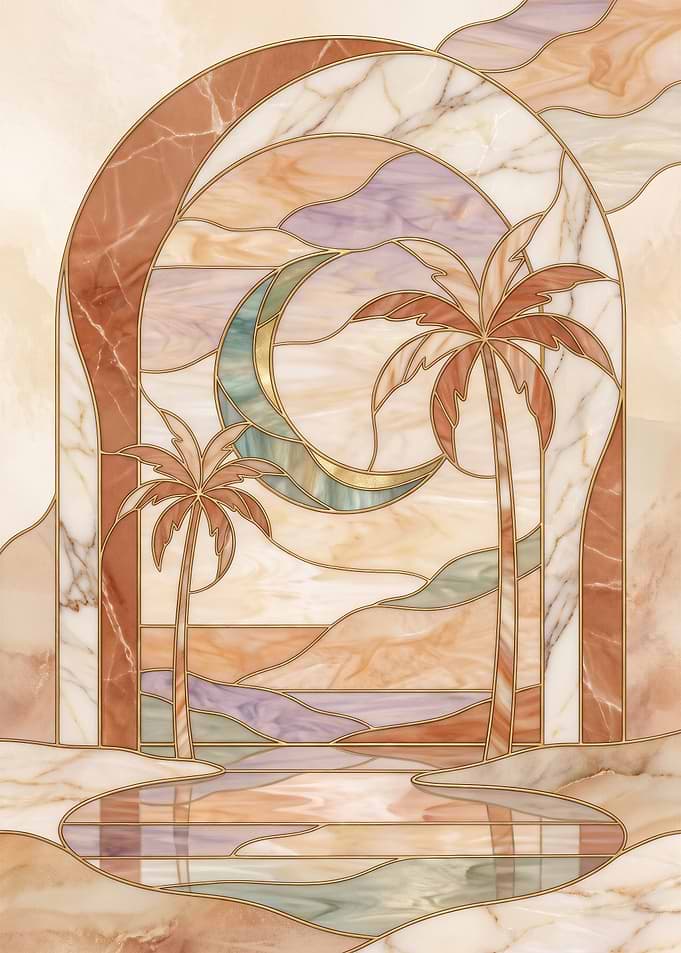 Stained Glass Tropical Moon Landscape