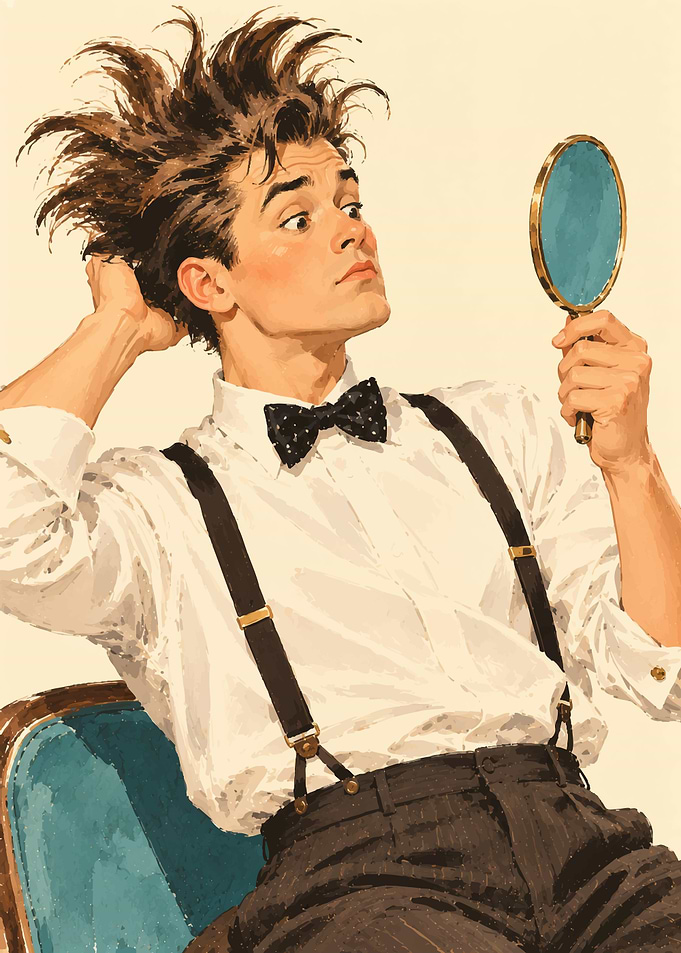 Man with Messy Hair Looking in Mirror