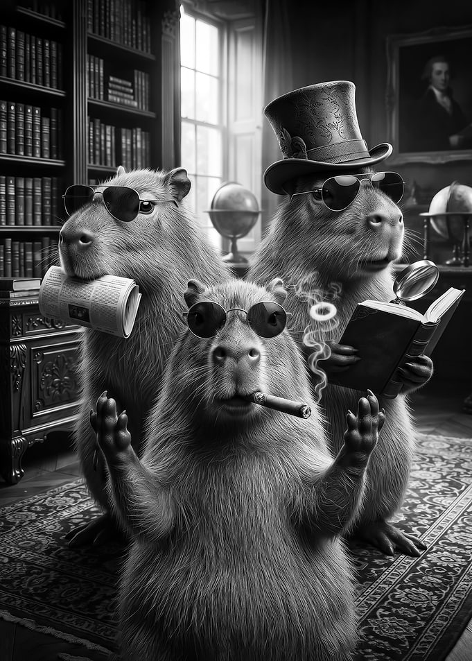 funny Sophisticated Capybara Trio in Library poster