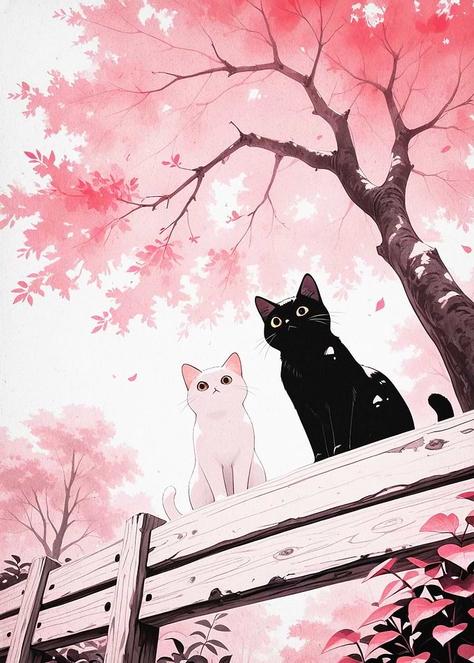 Cats Sakura Tree Japanese Art Poste
