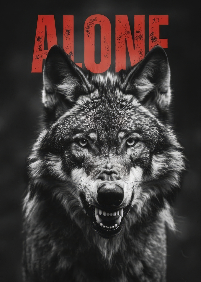 Aggressive Wolf Portrait with Alone Text