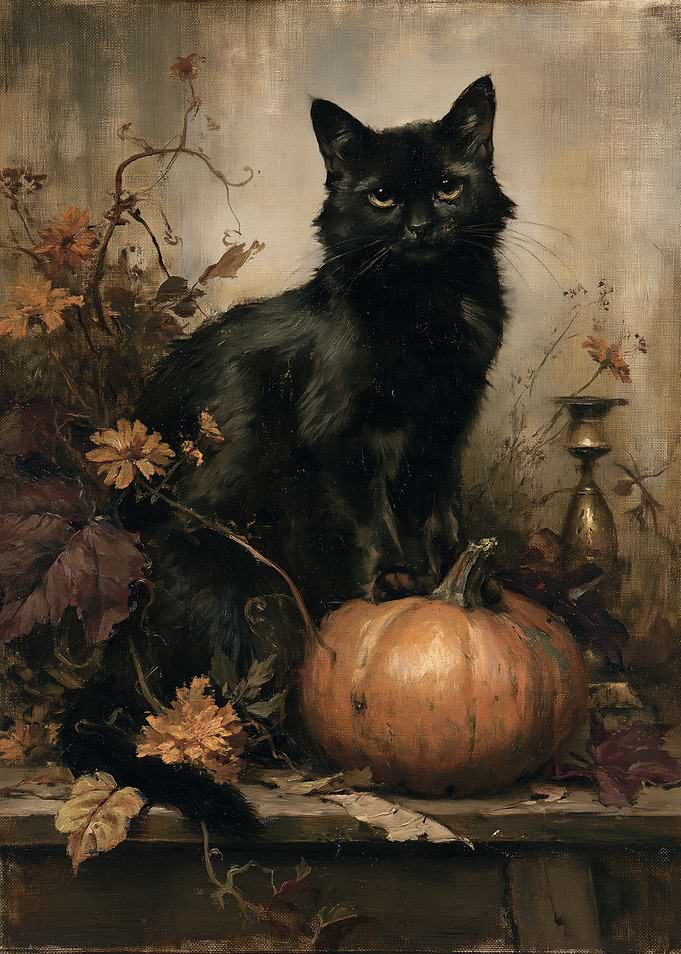 Black Cat with Pumpkin Autumn Painting