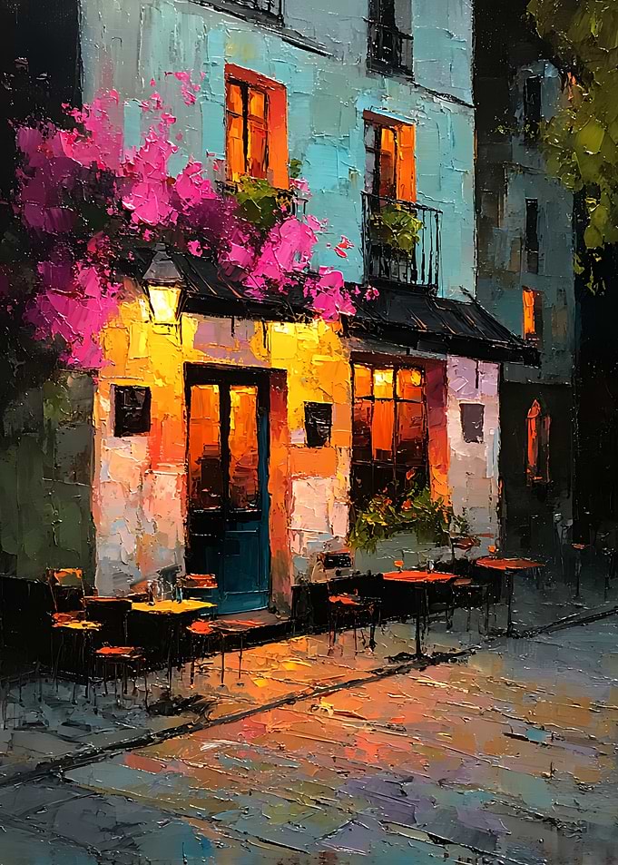 Cozy European Cafe at Night