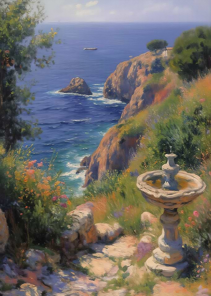 Coastal Garden with Stone Fountain