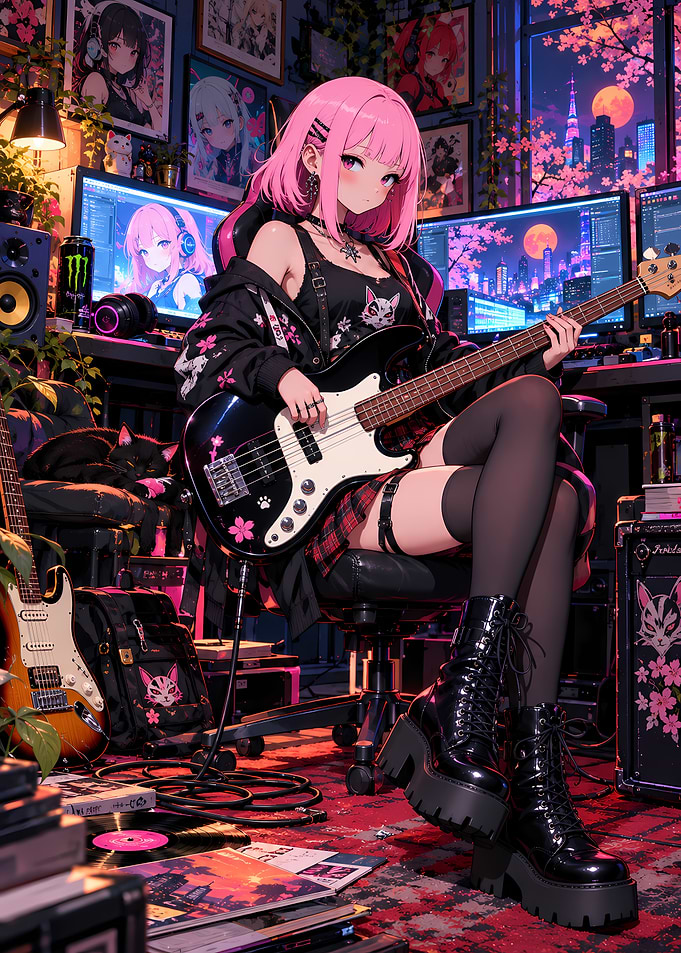 Anime Girl Playing Bass in Studio