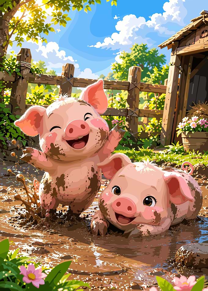 Two Happy Piglets Playing in Mud