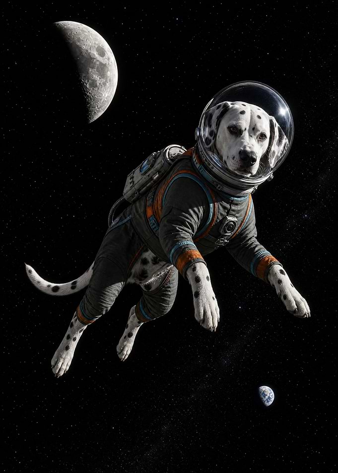 Dalmatian Astronaut Floating in Space