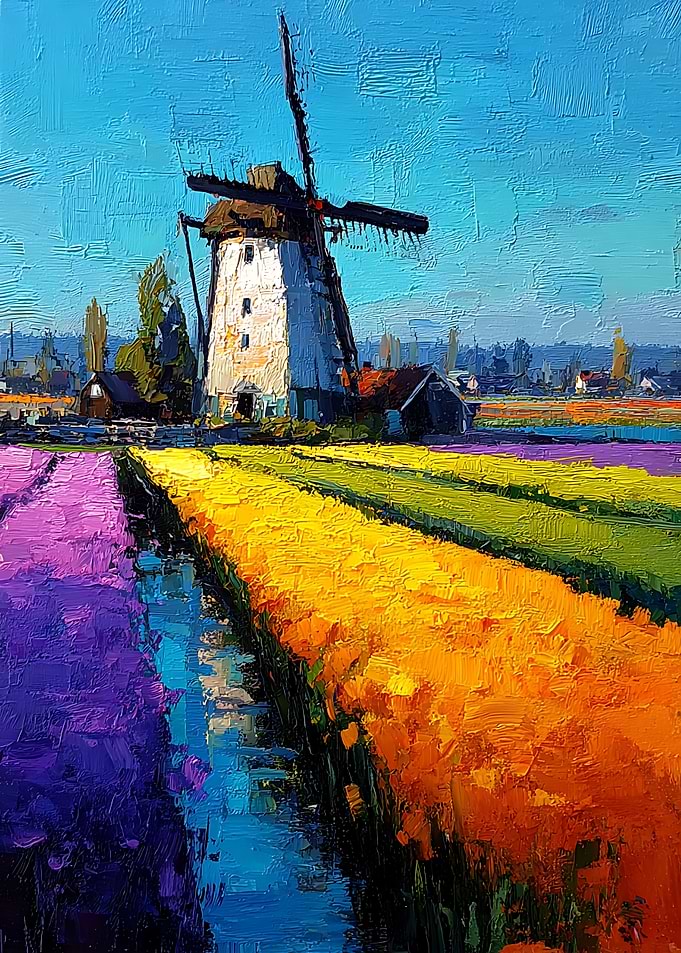 Impressionist Windmill in Tulip Fields