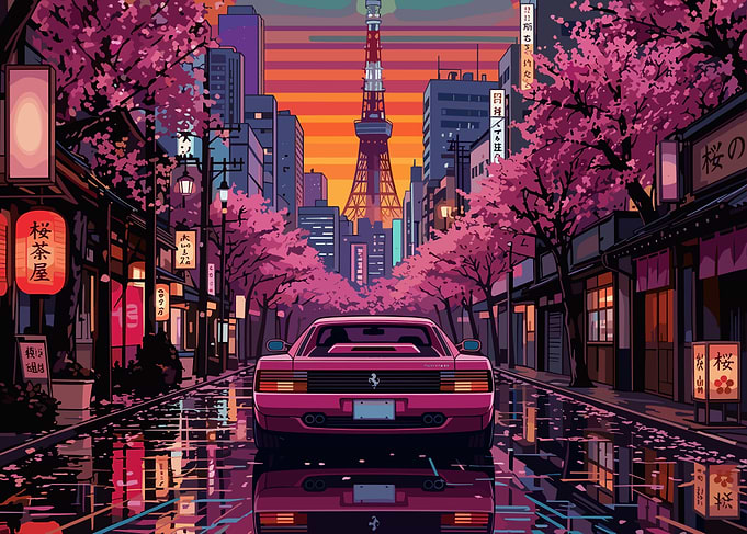 Ferrari in Tokyo Cherry Blossom Street