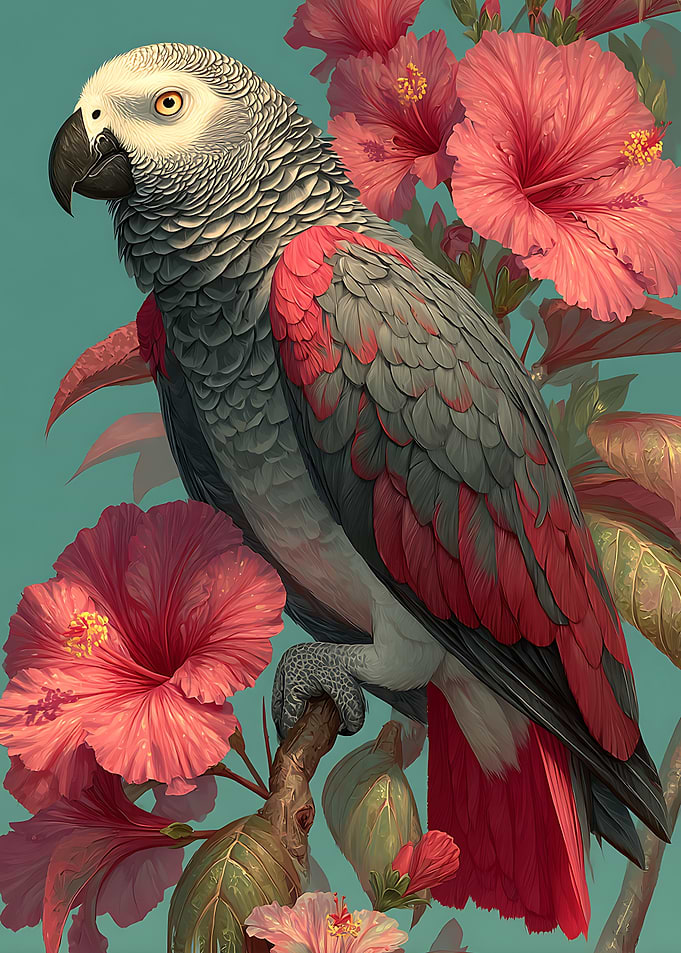 African Grey Parrot with Hibiscus Flowers