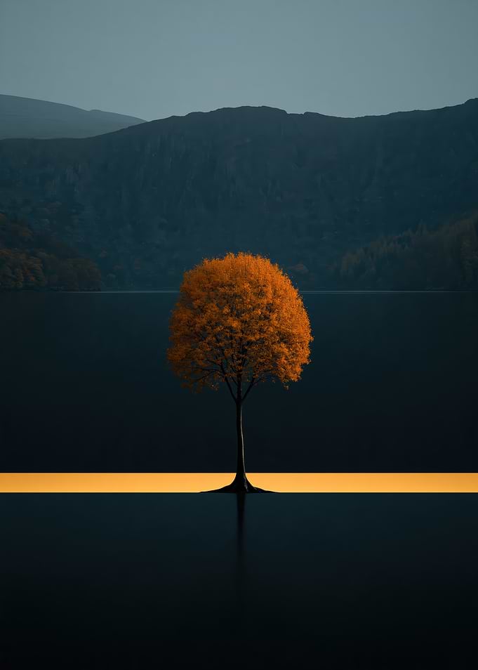 Solitary Golden Tree in Dark Landscape