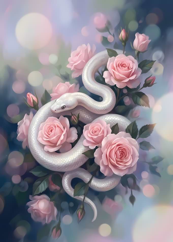 White Snake Coiled Among Pink Roses