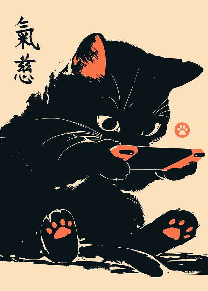 Cute Black Cat Gaming Japanese Vintage