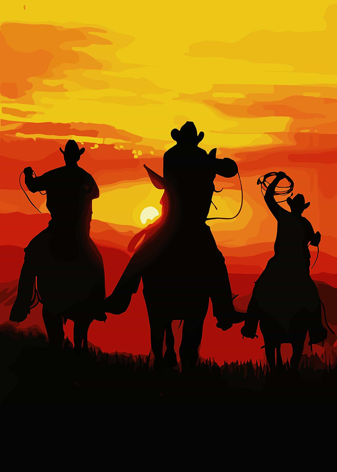 Cowboys Riding at Sunset Silhouette