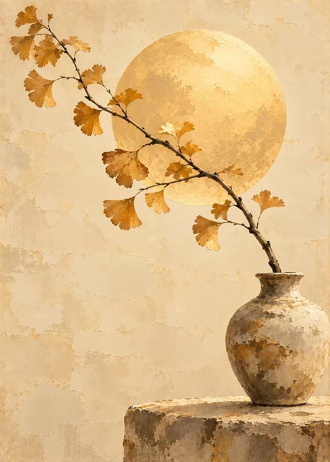 Ginkgo Branch in Vase with Moon